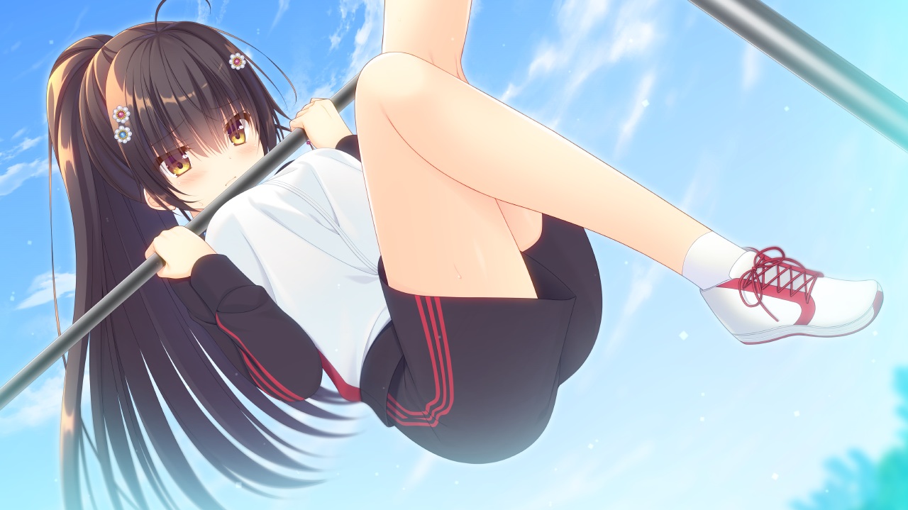 aliasing, black_hair, blush, brown_eyes, clouds, game_cg, gym_uniform, handa_sango