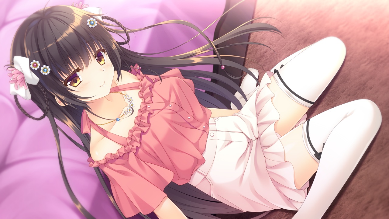 aliasing, black_hair, blush, bow, braids, brown_eyes, game_cg, handa_sango, long_hair, navel_(company), necklace, skirt, spiral!!, tanihara_natsuki, thighhighs