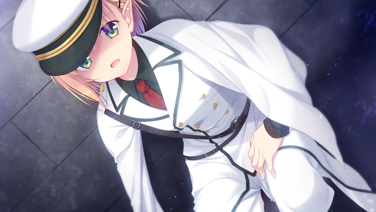 aliasing, all_male, ashinome_chrome, blonde_hair, game_cg, green_eyes, hat, hazumi_rio
