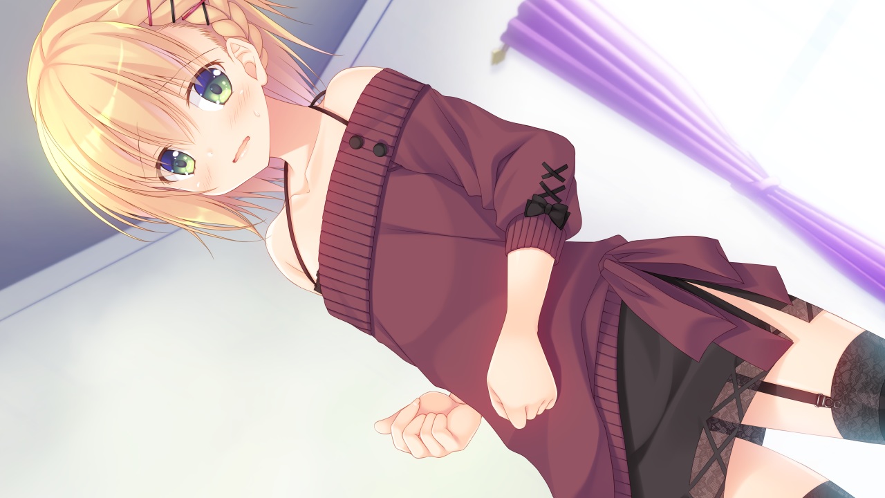 all_male, ashinome_chrome, blonde_hair, blush, bow, braids, game_cg, garter_belt