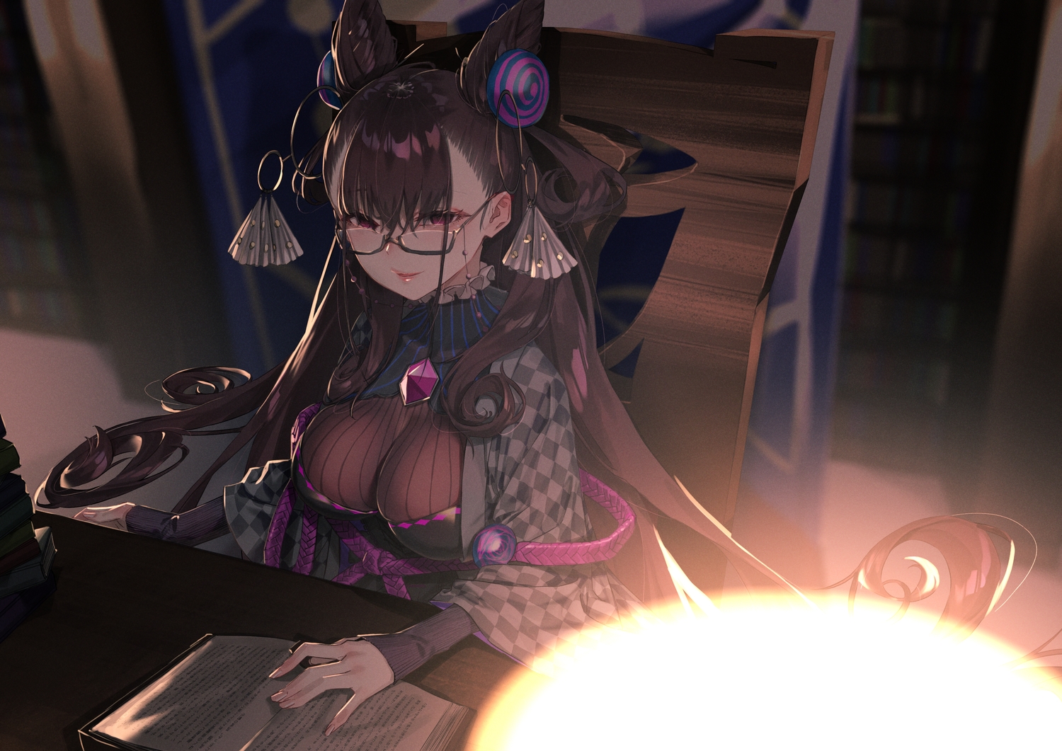 book, breasts, brown_hair, fate/grand_order, fate_(series), glasses, long_hair, murasaki_shikibu, purple_eyes, rolua