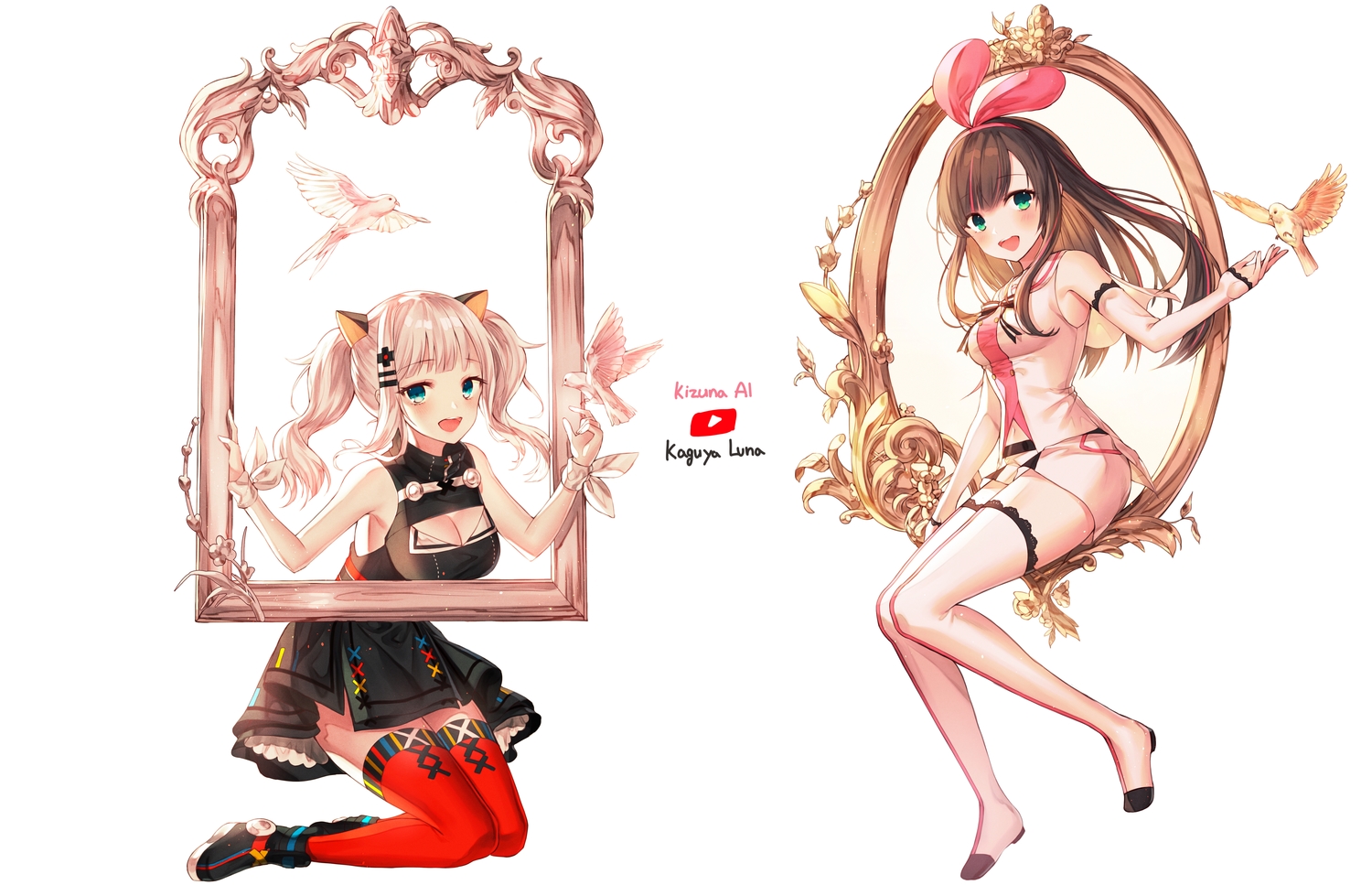 2girls, a.i._channel, animal, aqua_eyes, bird, blush, boots, breasts