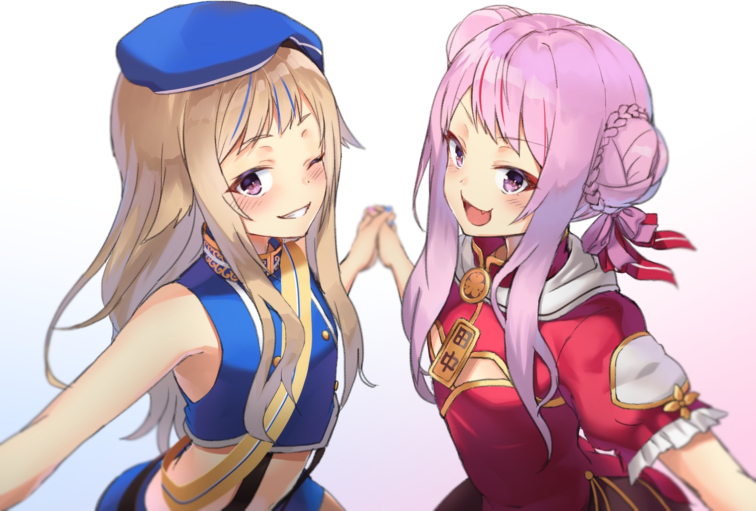 2girls, blonde_hair, blush, braids, chinese_clothes, fang, flat_chest, hat