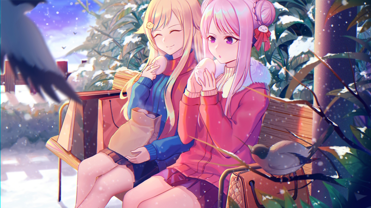 2girls, animal, bird, blonde_hair, food, himehina_channel, long_hair, pink_hair