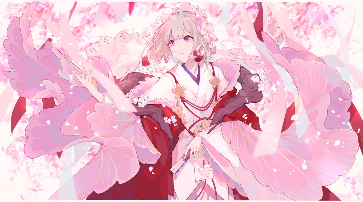 cherry_blossoms, fan, flowers, gray_hair, headdress, japanese_clothes, kimono, miyuki_(miyuki_05290)