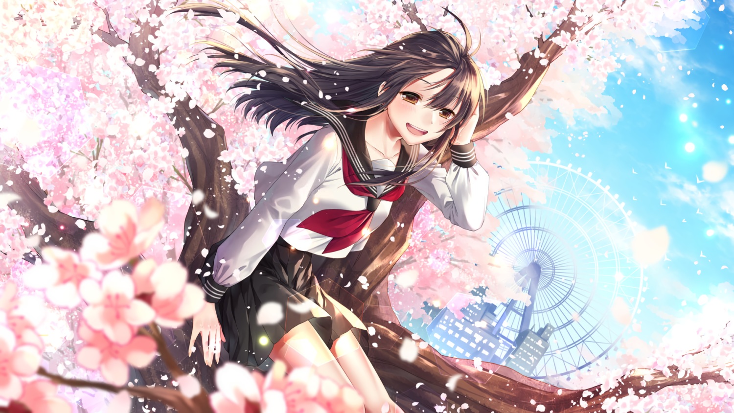 animal, bird, black_hair, blush, brown_eyes, building, cherry_blossoms, city