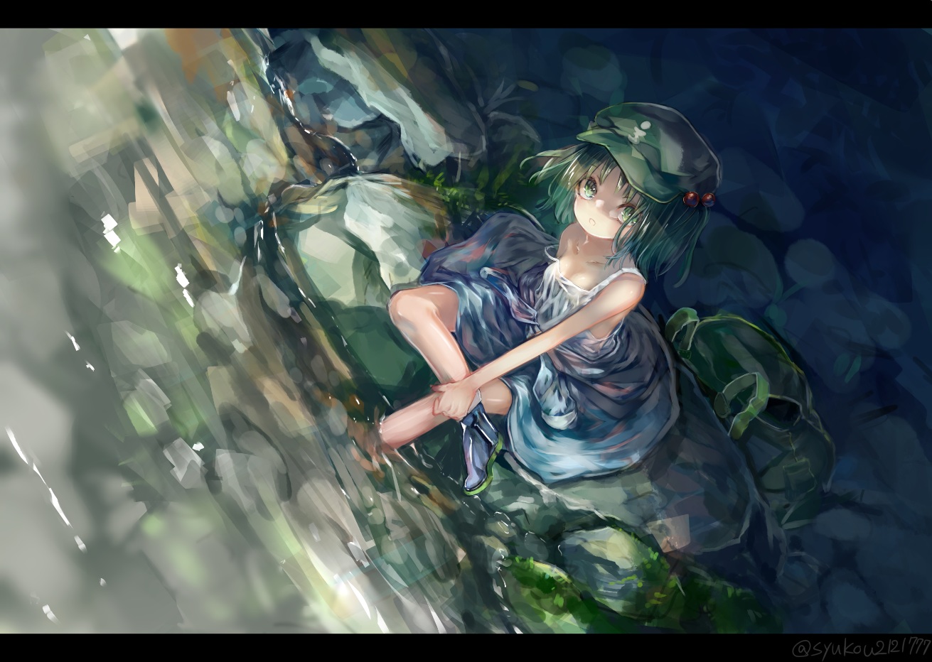 breasts, cleavage, dress, green_eyes, green_hair, hat, kawashiro_nitori, short_hair, signed, touhou, water, zhu_xiang