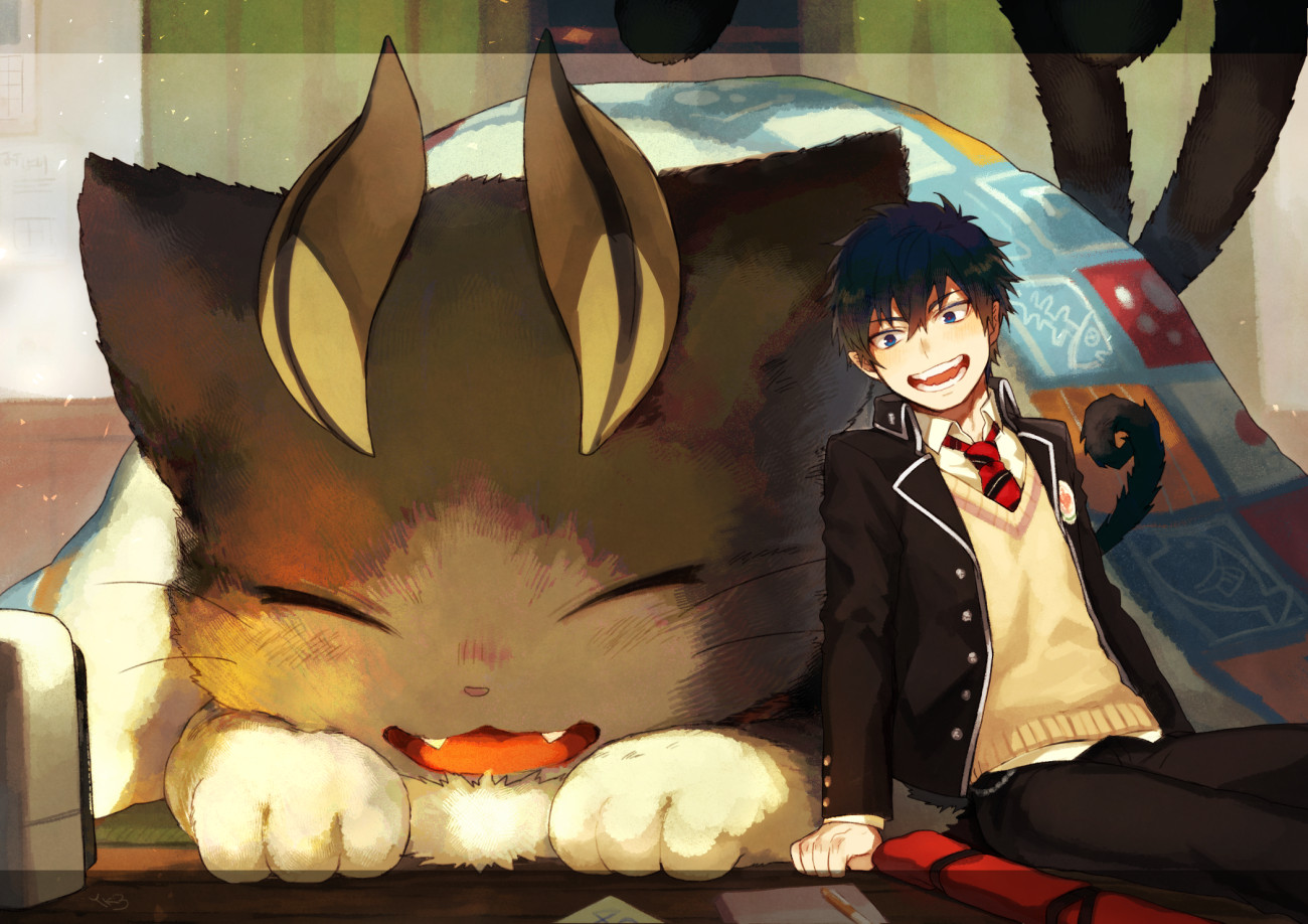 all_male, animal, ao_no_exorcist, black_hair, blue_eyes, cat, catboy, jpeg_artifacts