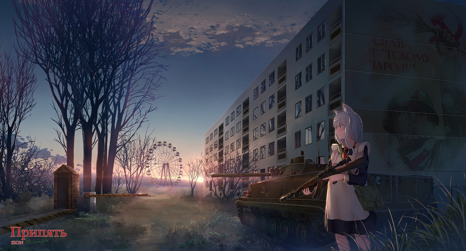 animal_ears, apron, blue_eyes, building, city, clouds, combat_vehicle, gray_hair