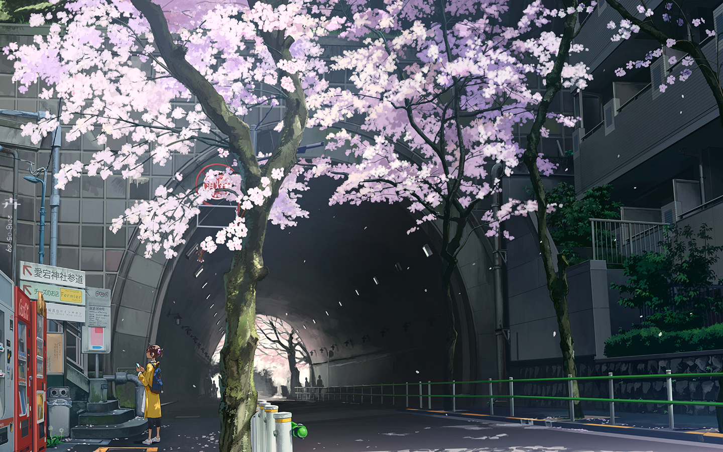 brown_hair, building, cherry_blossoms, city, flowers, glasses, kusakabe, original, petals, ponytail, scenic, short_hair, translation_request, tree