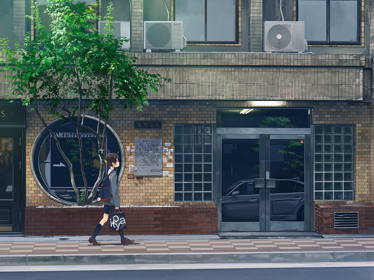 black_hair, building, car, city, glasses, kneehighs, kusakabe, original