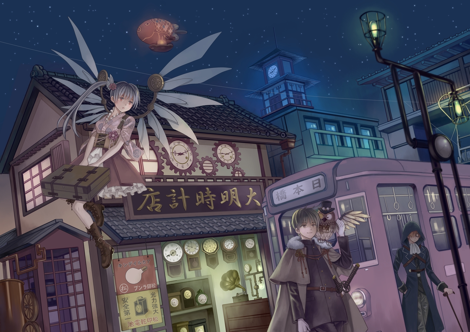 airship, animal, bird, boots, building, cape, city, corset, japanese_clothes, katana, kisshou_mizuki, lolita_fashion, long_hair, male, night, original, owl, sky, stars, sword, train, weapon, wings, wink