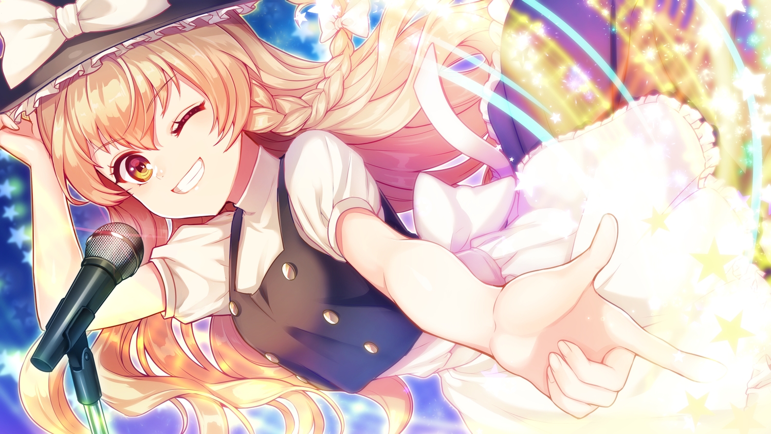 apron, blonde_hair, bow, braids, close, dress, hat, kirisame_marisa, kokouno_oyazi, long_hair, magic, microphone, touhou, wink, witch, witch_hat, yellow_eyes