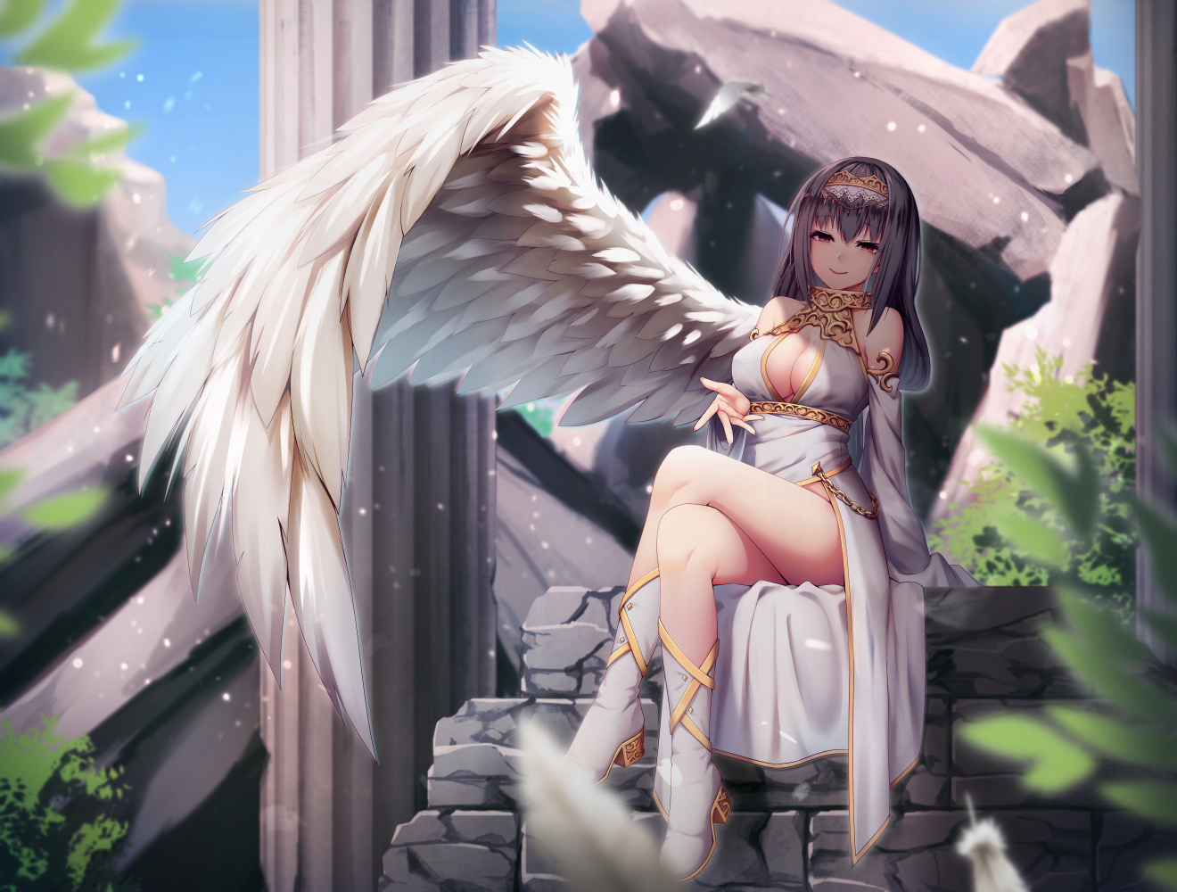aliasing, angel, black_hair, boots, breasts, cleavage, dress, feathers, headdress, long_hair, original, shoron, wings