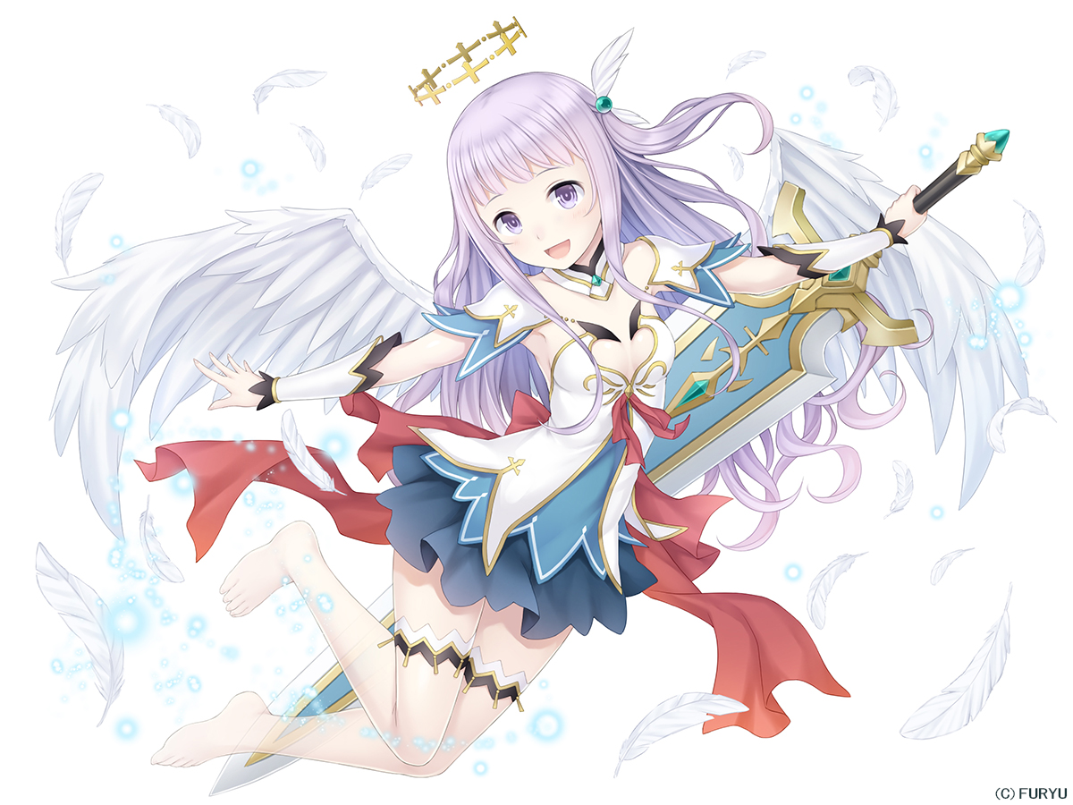 dress, halo, monmusu_harem, namaru_(summer_dandy), ponytail, purple_eyes, purple_hair, sword