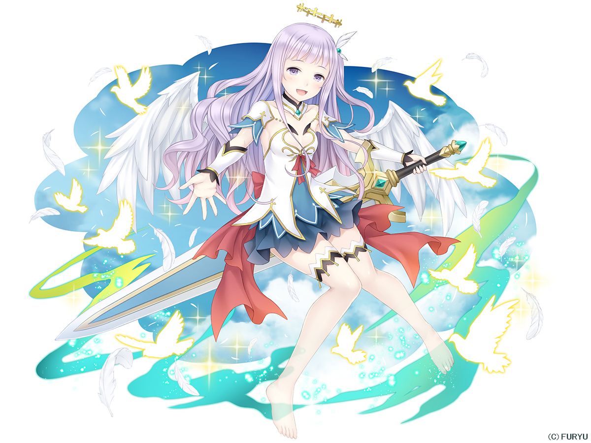 animal, bird, dress, feathers, halo, monmusu_harem, namaru_(summer_dandy), ponytail