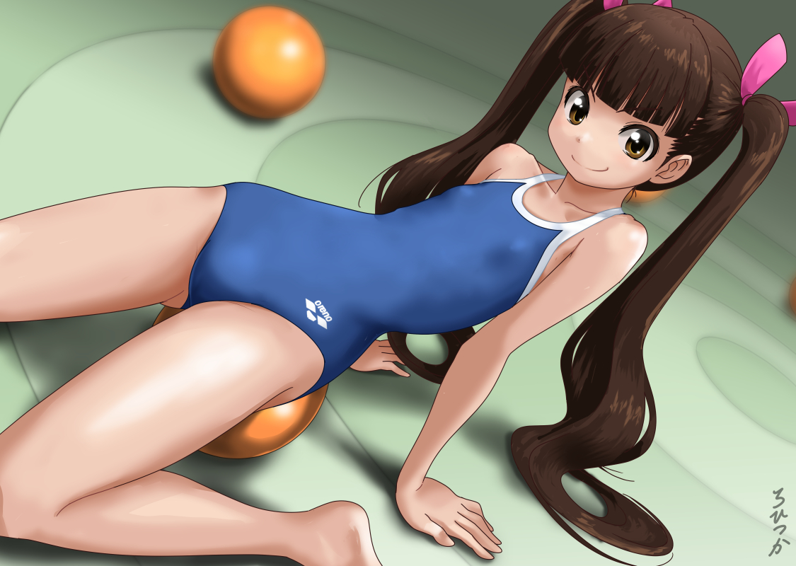 ball, brown_eyes, brown_hair, cameltoe, flat_chest, long_hair, original, ribbons, rohitsuka, school_swimsuit, swimsuit, twintails