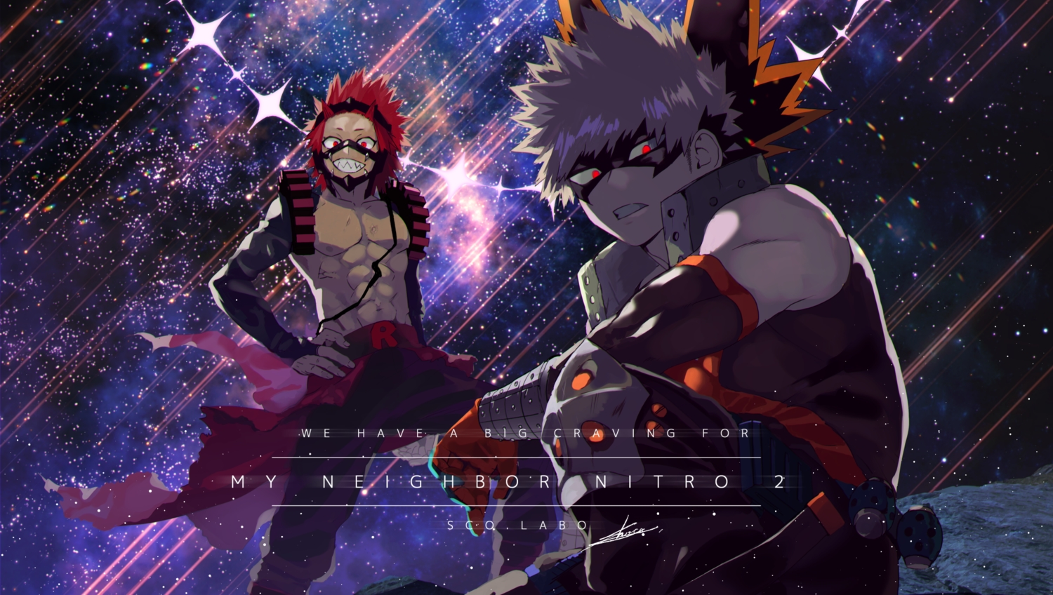 all_male, bakugou_katsuki, blonde_hair, boku_no_hero_academia, kirishima_eijirou, male, red_eyes, red_hair