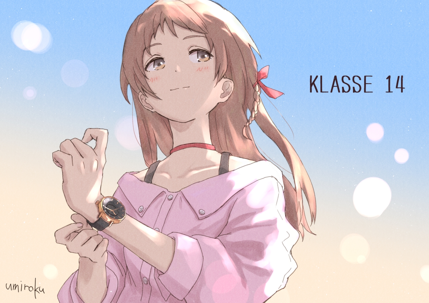 blush, braids, brown_eyes, brown_hair, choker, gradient, long_hair, original