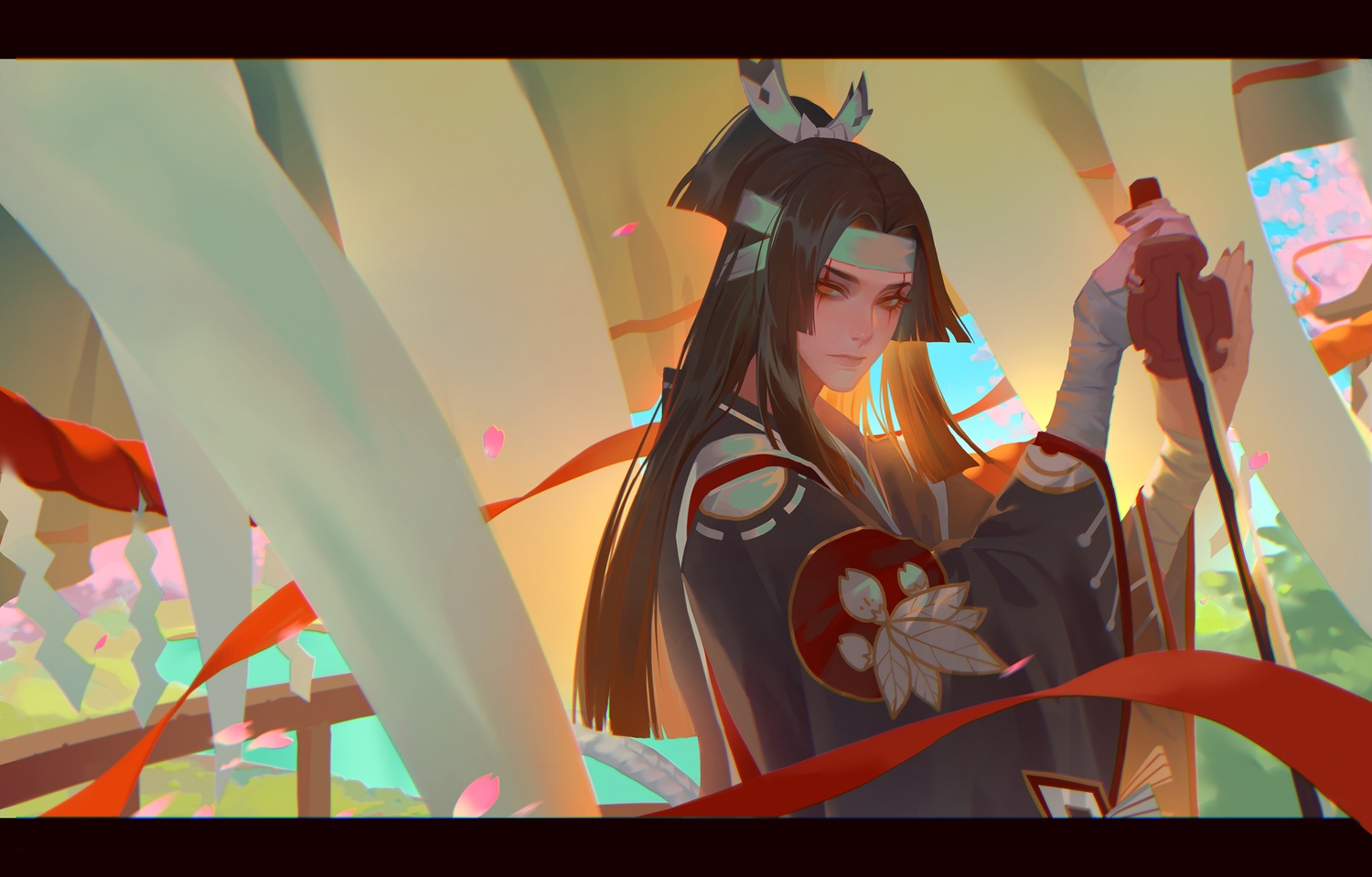 all_male, bandage, black_hair, brown_eyes, headband, katana, lian_yao, long_hair, male, onikiri_(onmyouji), onmyouji, petals, sword, weapon