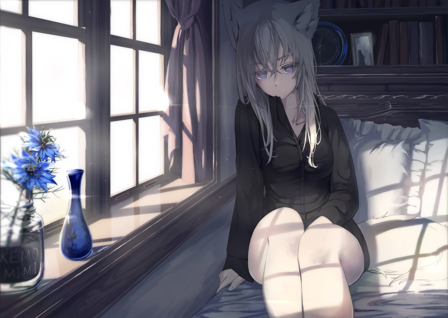 animal_ears, bed, blue_eyes, book, flowers, gray_hair, long_hair, mikisai