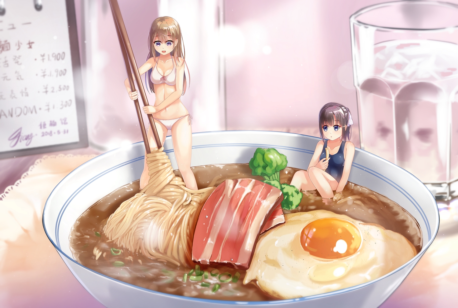 2girls, bikini, black_hair, blue_eyes, breasts, brown_hair, cleavage, drink