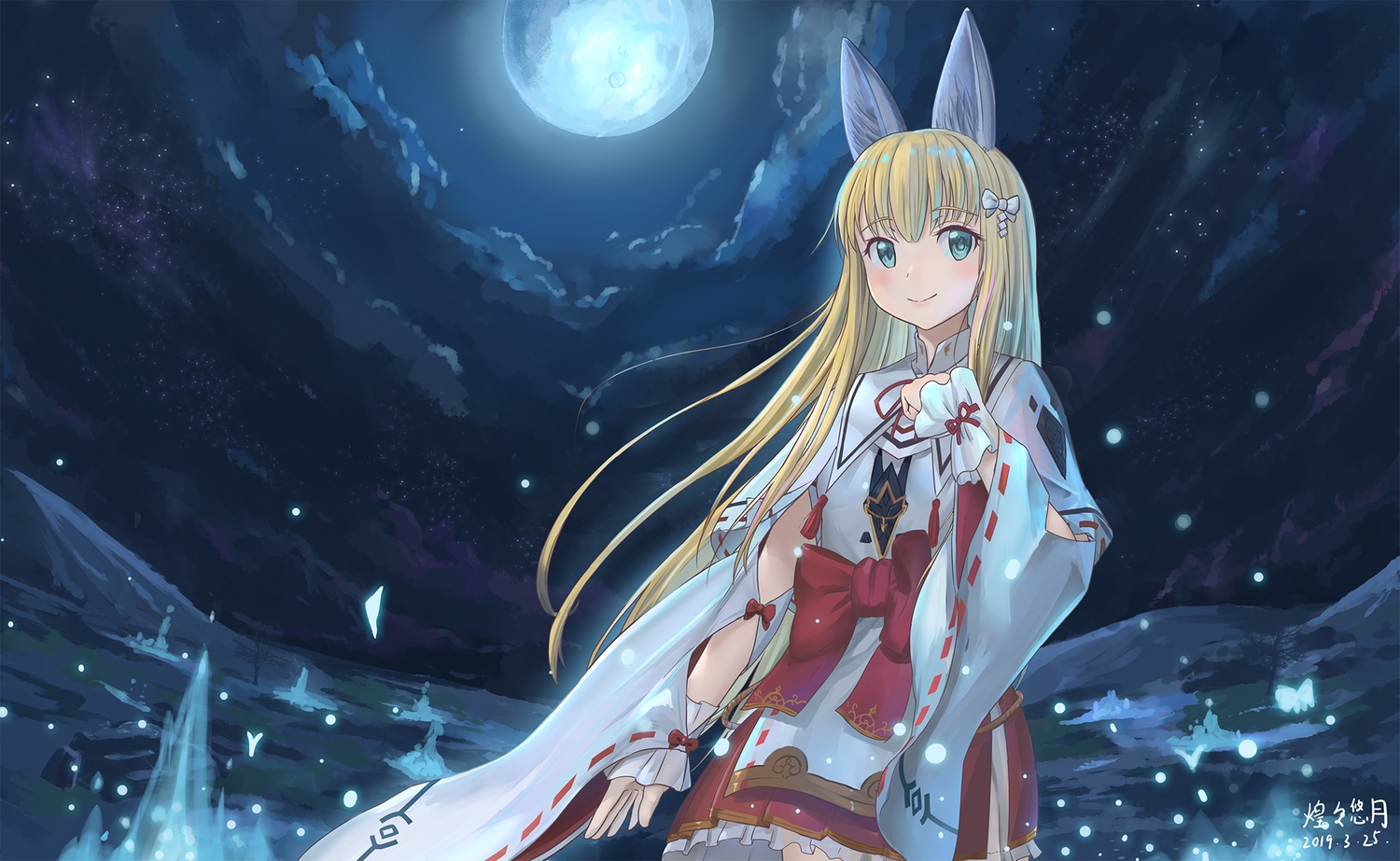 animal_ears, blonde_hair, blush, bow, braids, clouds, fire, foxgirl