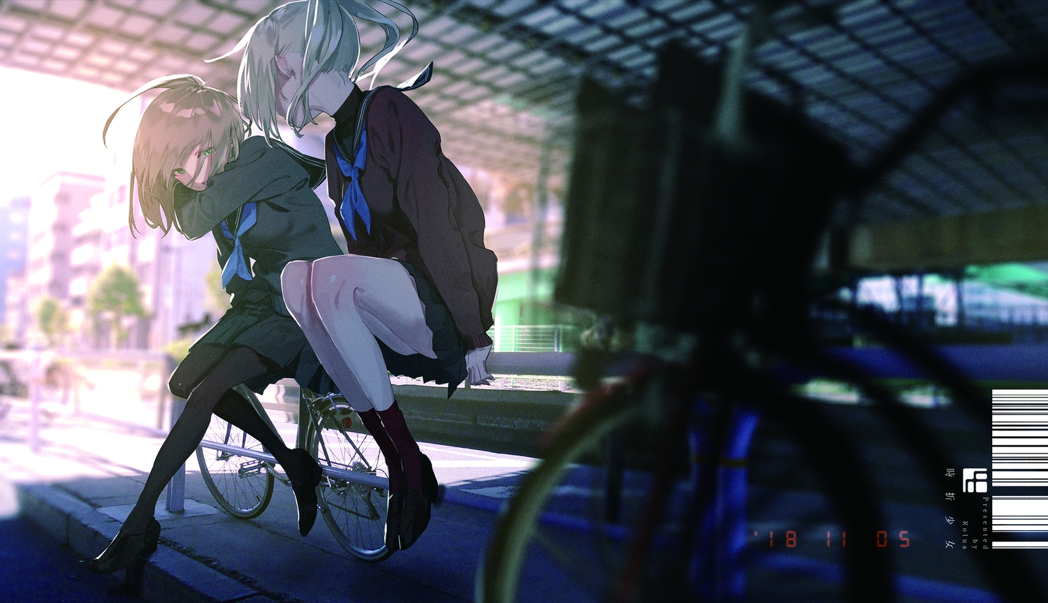 2girls, bicycle, brown_hair, green_eyes, kneehighs, original, pantyhose, rolua