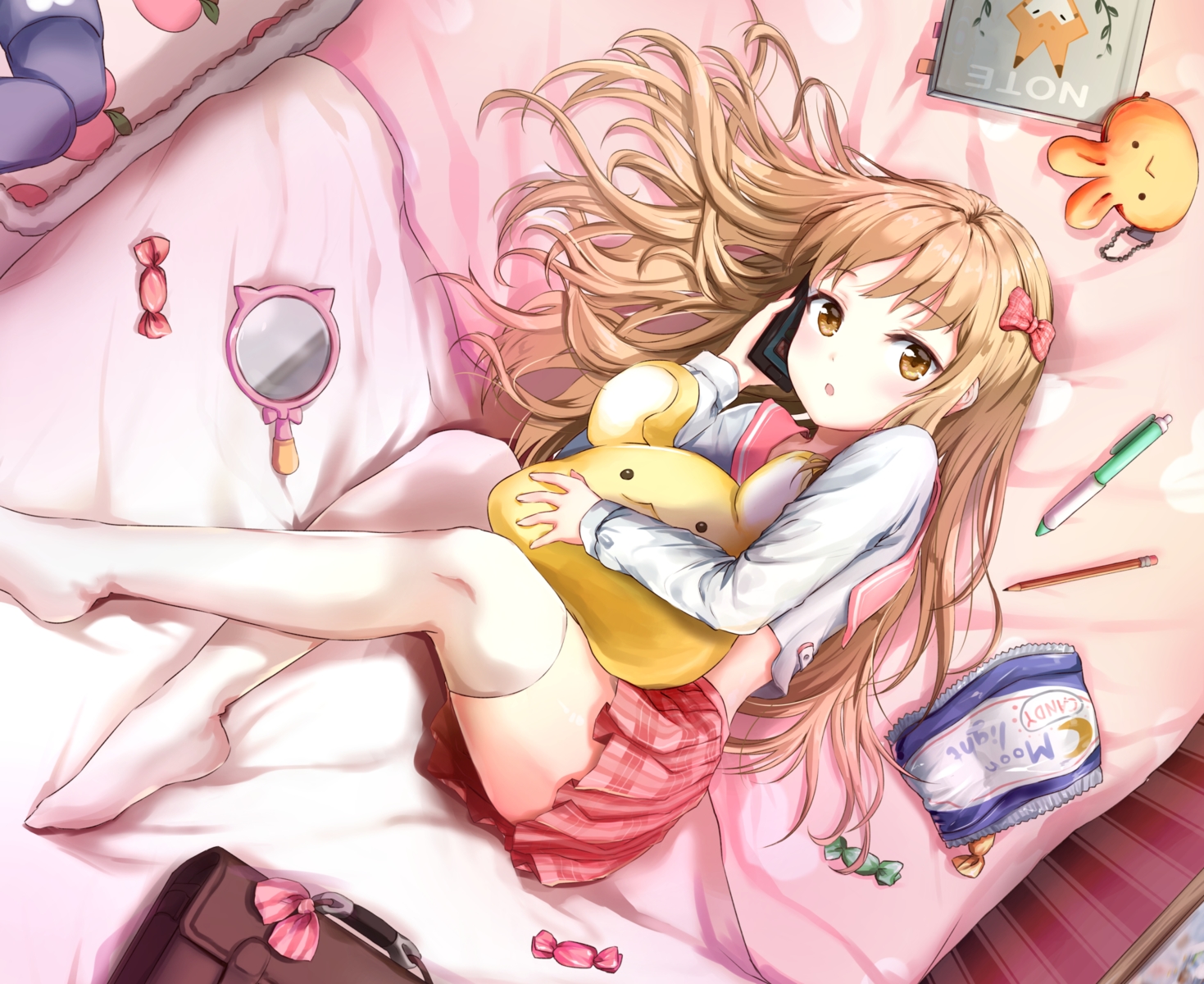 bed, blonde_hair, book, brown_eyes, candy, cropped, long_hair, milllim, mirror, original, phone, school_uniform, thighhighs, zettai_ryouiki