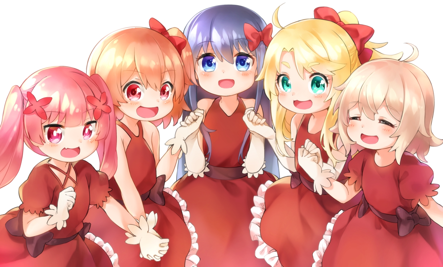 aqua_eyes, blonde_hair, blue_hair, bow, cat_smile, dress, fang, gloves, green_eyes, group, himesaka_noa, hoshino_hinata, konomori_kanon, loli, long_hair, netamaru, orange_hair, pink_eyes, pink_hair, ponytail, red_eyes, shirosaki_hana, short_hair, tanemura_koyori, twintails, watashi_ni_tenshi_ga_maiorita!
