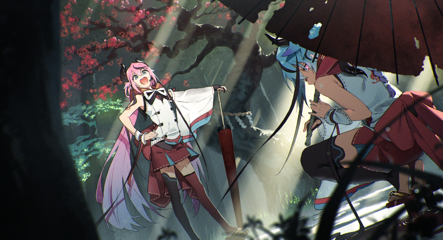 aqua_eyes, aqua_hair, forest, hana_bell_forest, horns, long_hair, meika_hime, meika_mikoto, pink_eyes, pink_hair, skirt, thighhighs, tree, umbrella, vocaloid, wristwear