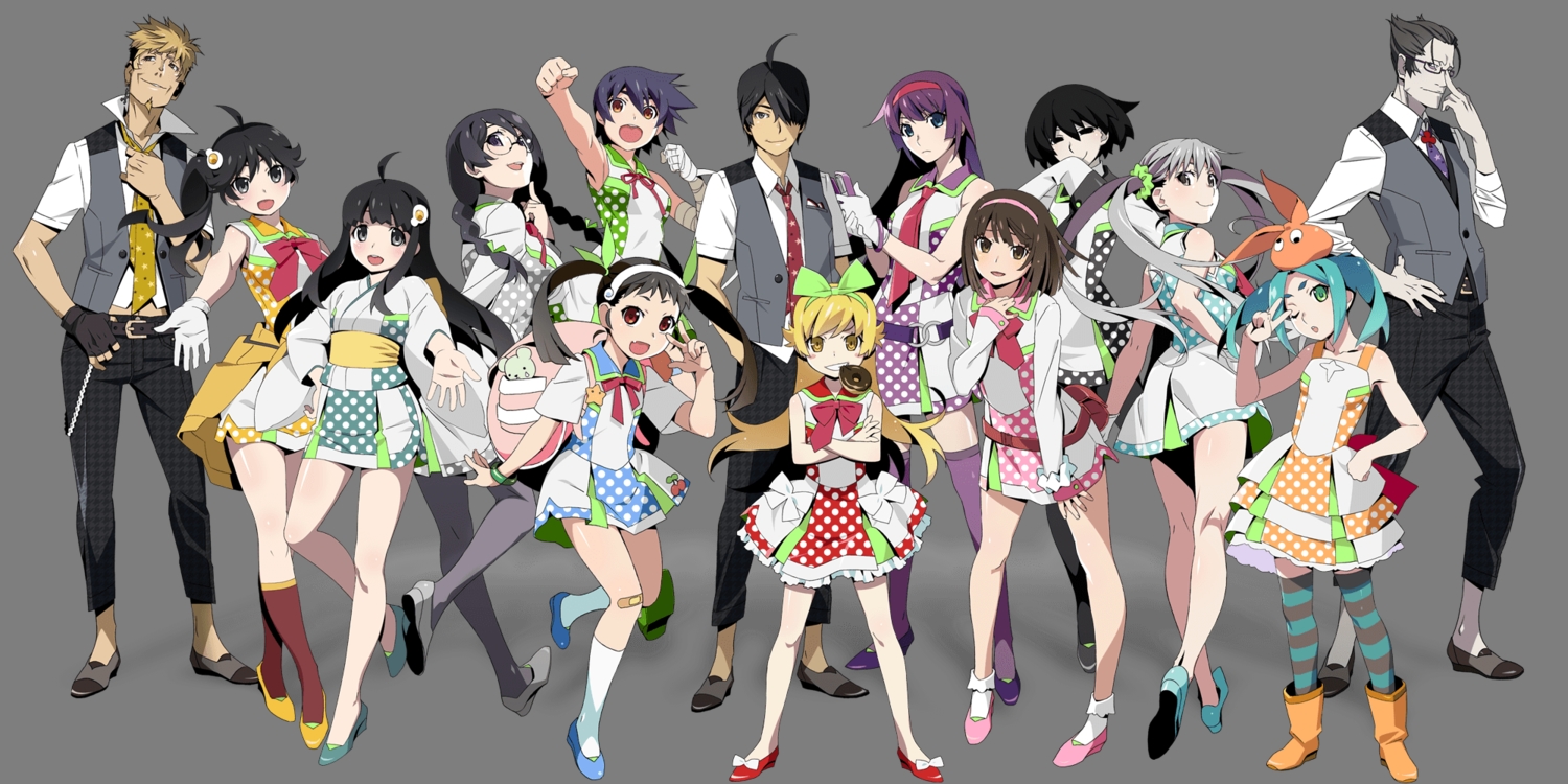 aqua_hair, araragi_karen, araragi_koyomi, araragi_tsukihi, bakemonogatari, bandage, bandaid, black_eyes