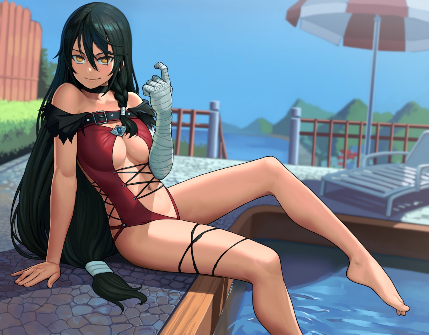 bandage, barefoot, black_hair, braids, breasts, choker, garter, lasterk, long_hair, navel, orange_eyes, pool, sky, swimsuit, tales_of_berseria, umbrella, velvet_crowe, water