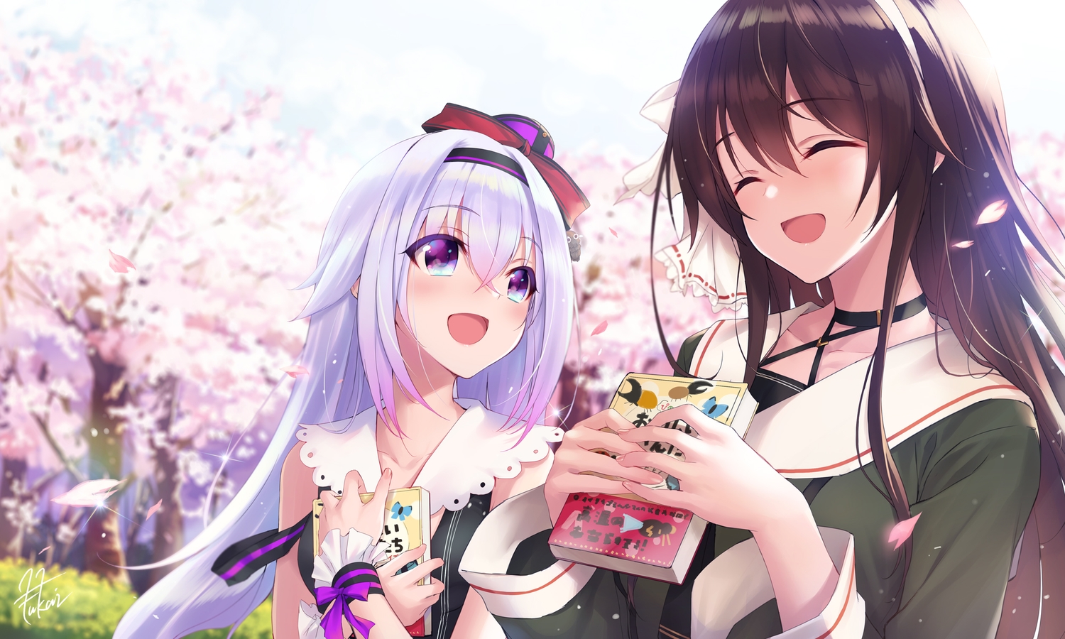 2girls, aqua_eyes, black_hair, book, carro_pino, fukai_ryousuke, gray_hair, headband, .live, long_hair, school_uniform, signed, yaezawa_natori