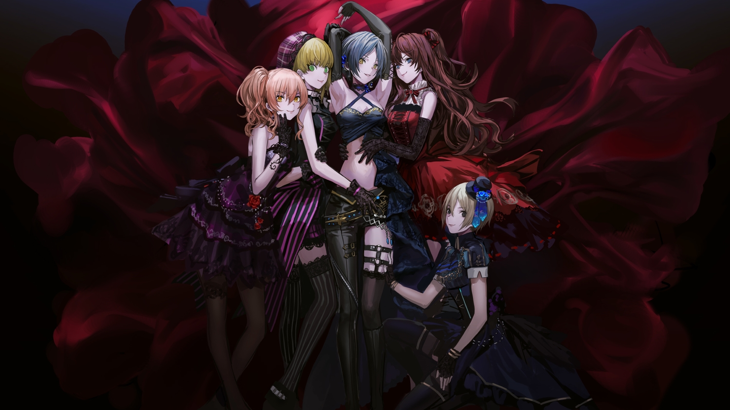 black_eyes, blonde_hair, blue_eyes, blue_hair, brown_hair, dress, elbow_gloves, gloves