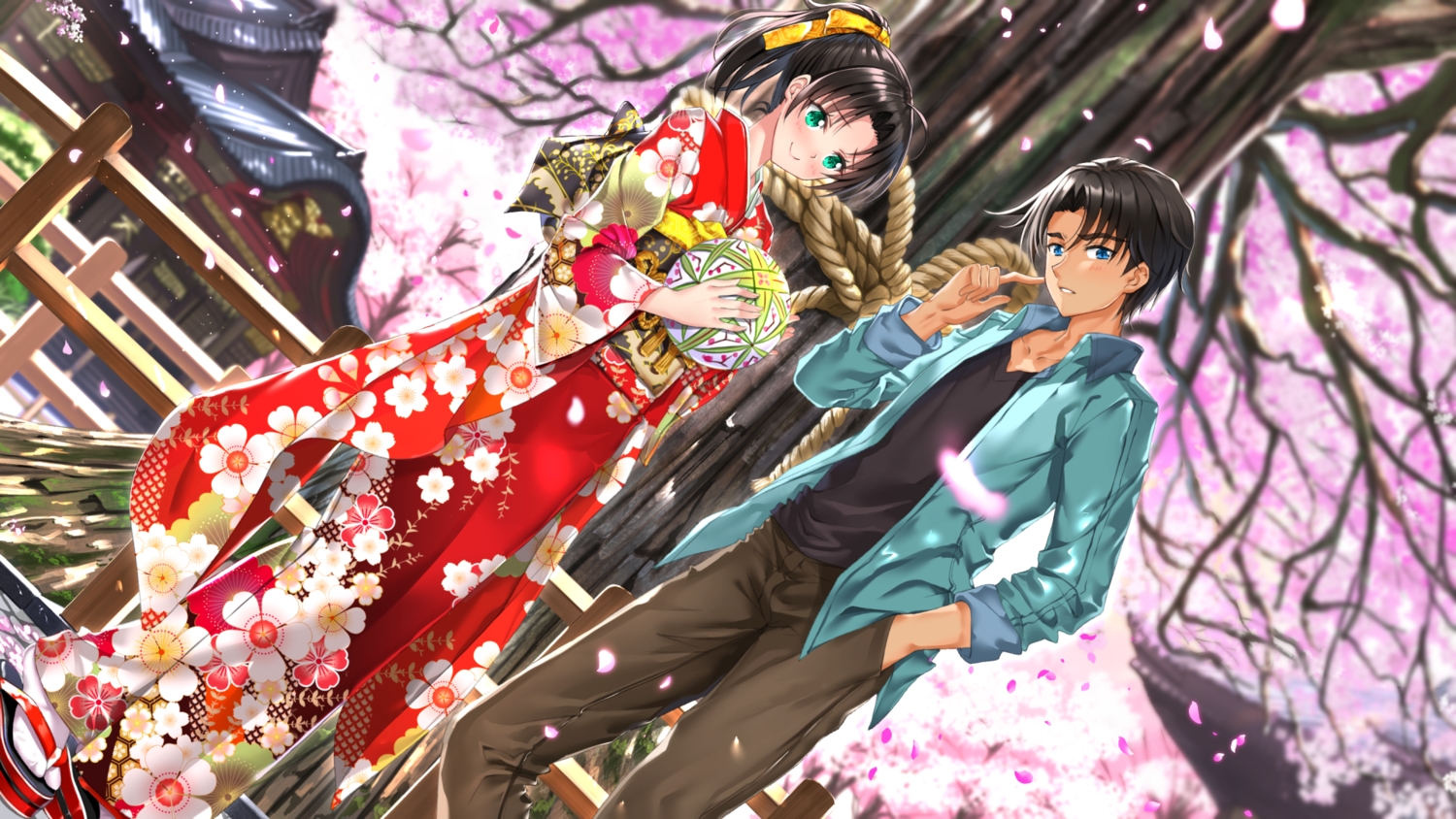 ball, black_hair, blue_eyes, blush, cherry_blossoms, detective_conan, flowers, green_eyes, hattori_heiji, japanese_clothes, kimono, male, petals, ponytail, rope, short_hair, shrine, swordsouls, touyama_kazuha, tree