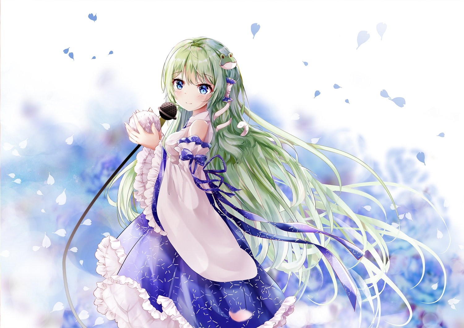 animal, aqua_eyes, blush, green_hair, japanese_clothes, kochiya_sanae, long_hair, microphone
