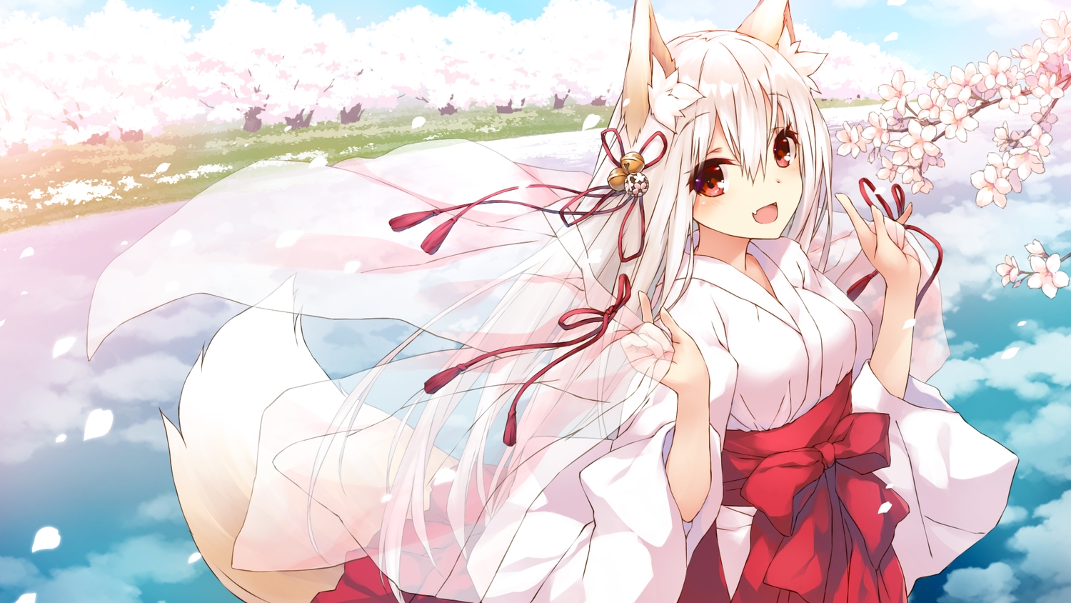 animal_ears, bell, cherry_blossoms, fang, flowers, foxgirl, japanese_clothes, long_hair