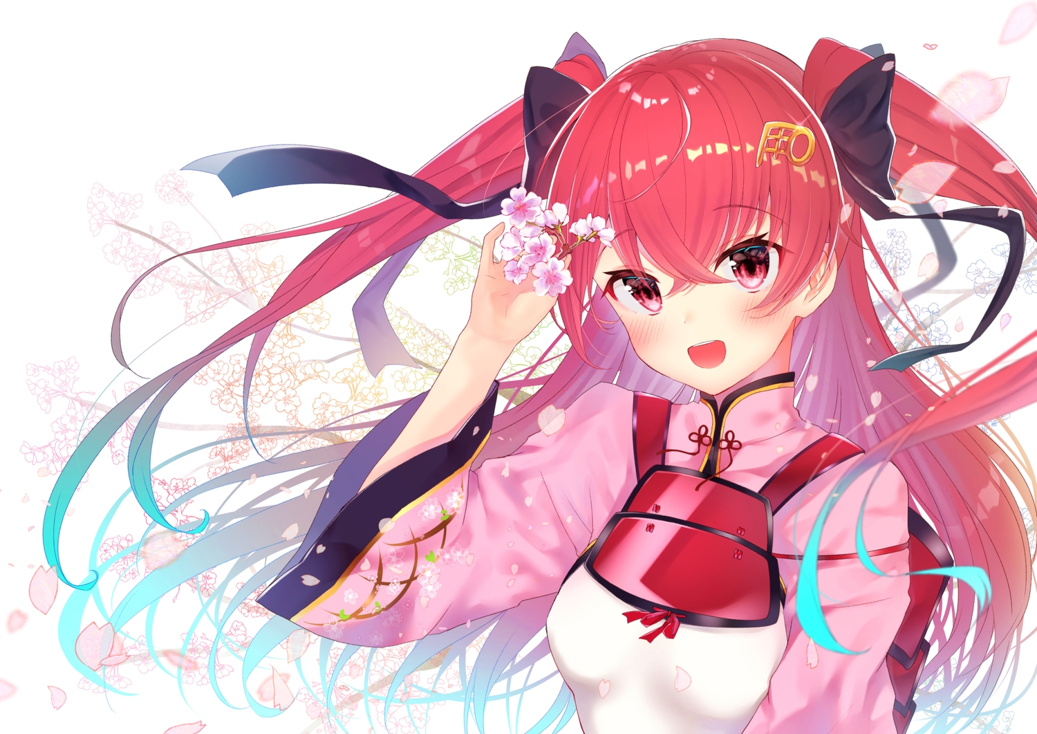 armor, blush, flowers, gyozanuko, japanese_clothes, jouizumi_masamune, long_hair, petals
