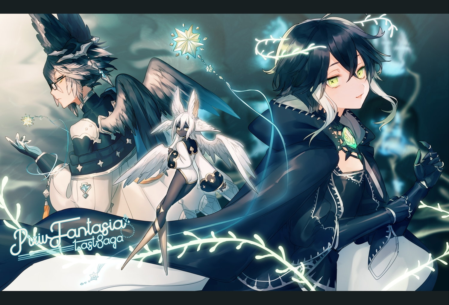 asuda, black_hair, dark_skin, elbow_gloves, fairy, feathers, flat_chest, glasses, gloves, green_eyes, long_hair, original, pixiv_fantasia, wings