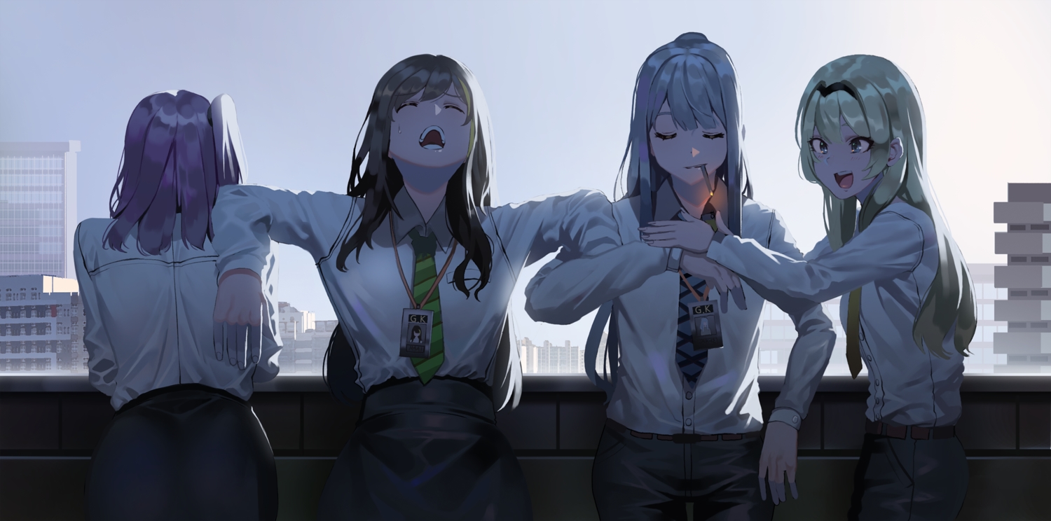 ak12_(girls_frontline), an94_(girls_frontline), anthropomorphism, black_hair, blonde_hair, blue_eyes, building, cigarette