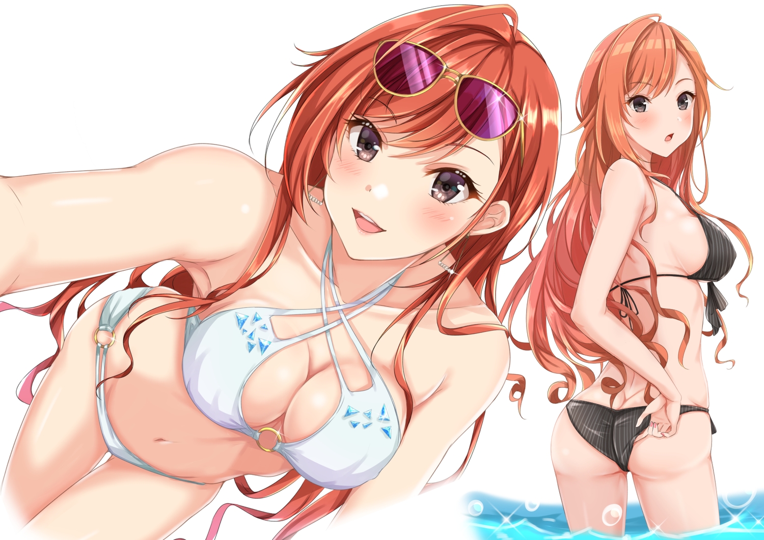 arisugawa_natsuha, ass, bikini, blush, breasts, brown_eyes, cleavage, erect_nipples, idolmaster, idolmaster_shiny_colors, long_hair, navel, red_hair, sunglasses, swimsuit, water, yuzuyu_(hyui)