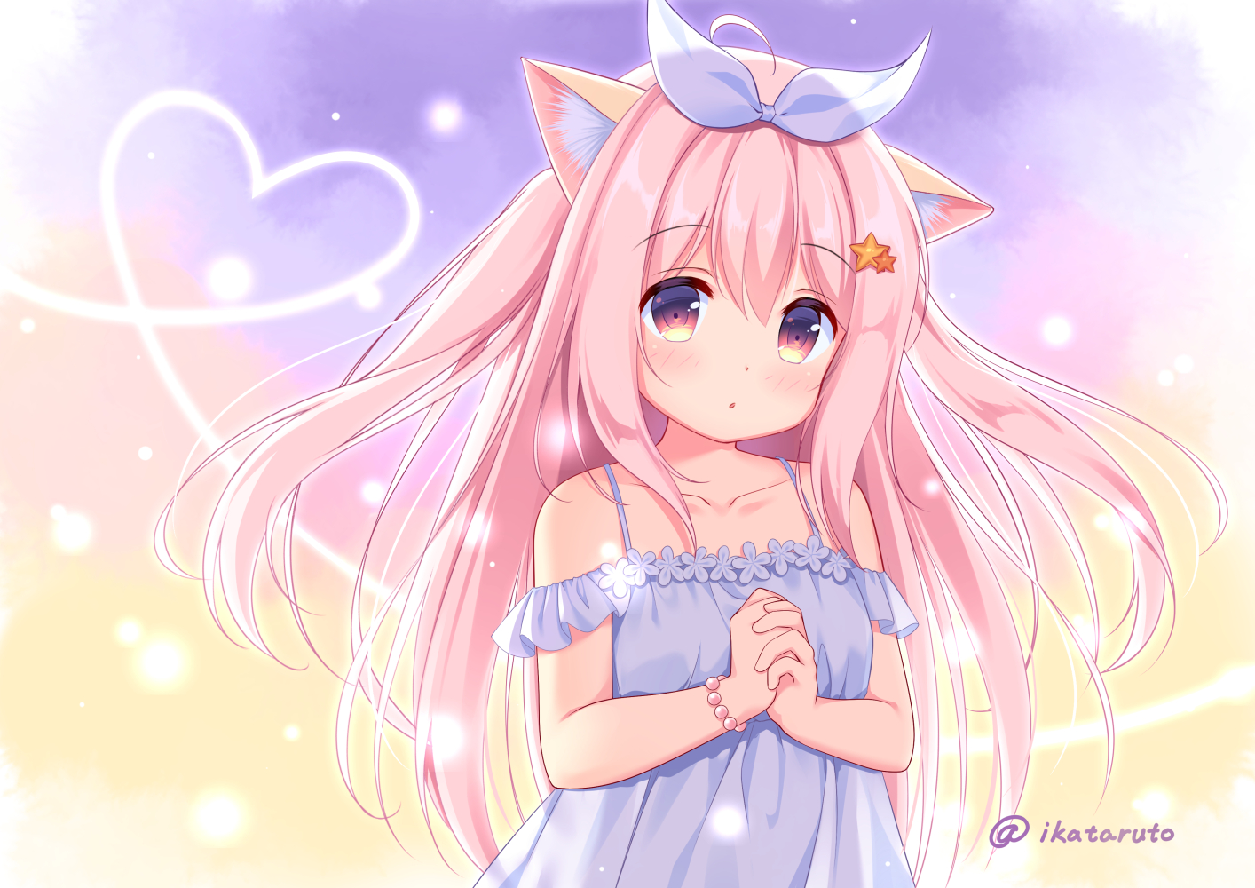 animal_ears, blush, dress, ikataruto, loli, long_hair, original, pink_eyes, pink_hair, signed, wristwear