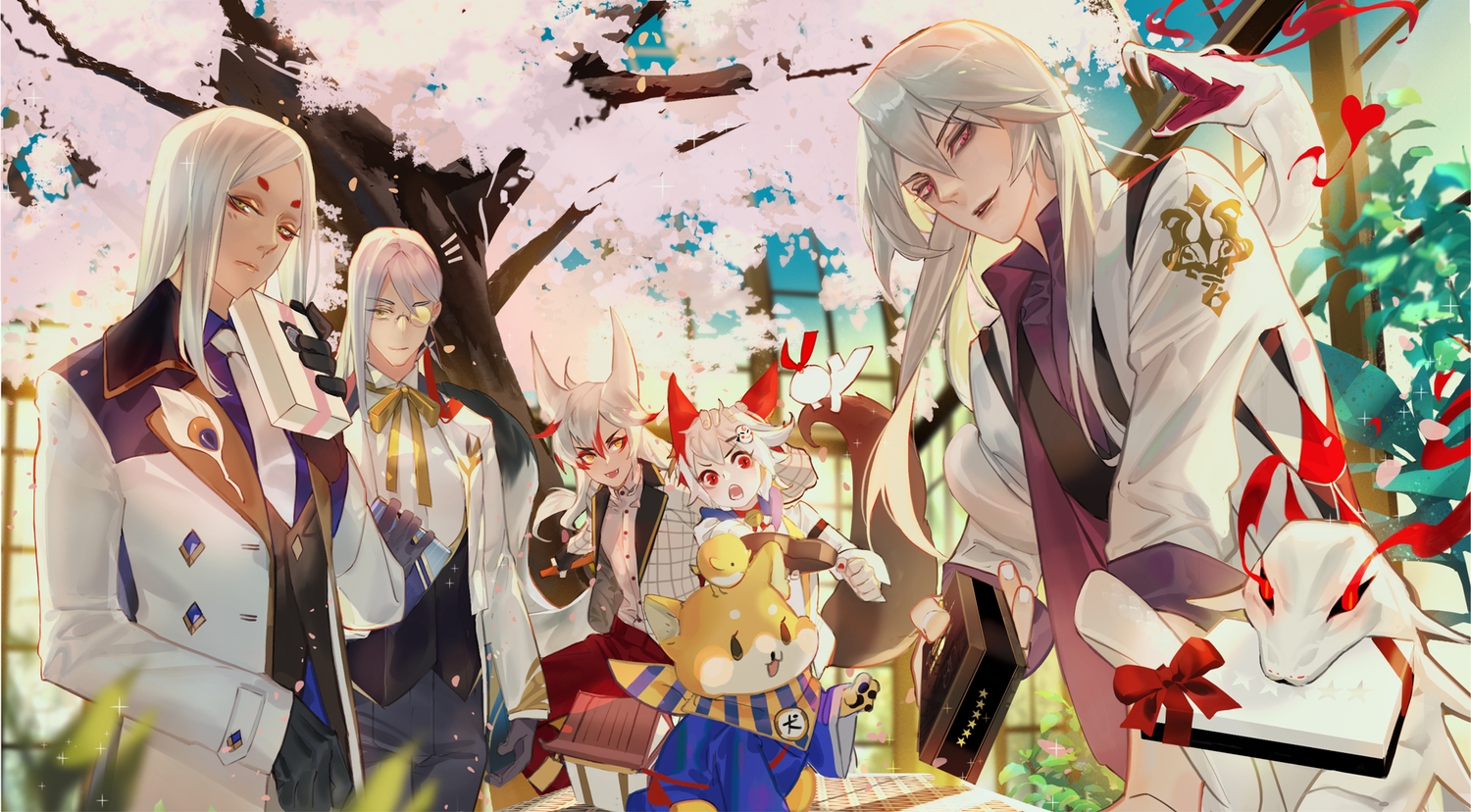 aerysky, all_male, animal, bell, cherry_blossoms, dog, flowers, glasses