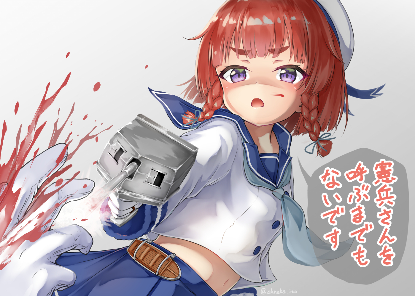 anthropomorphism, blood, braids, etorofu_(kancolle), gloves, gradient, gun, hat