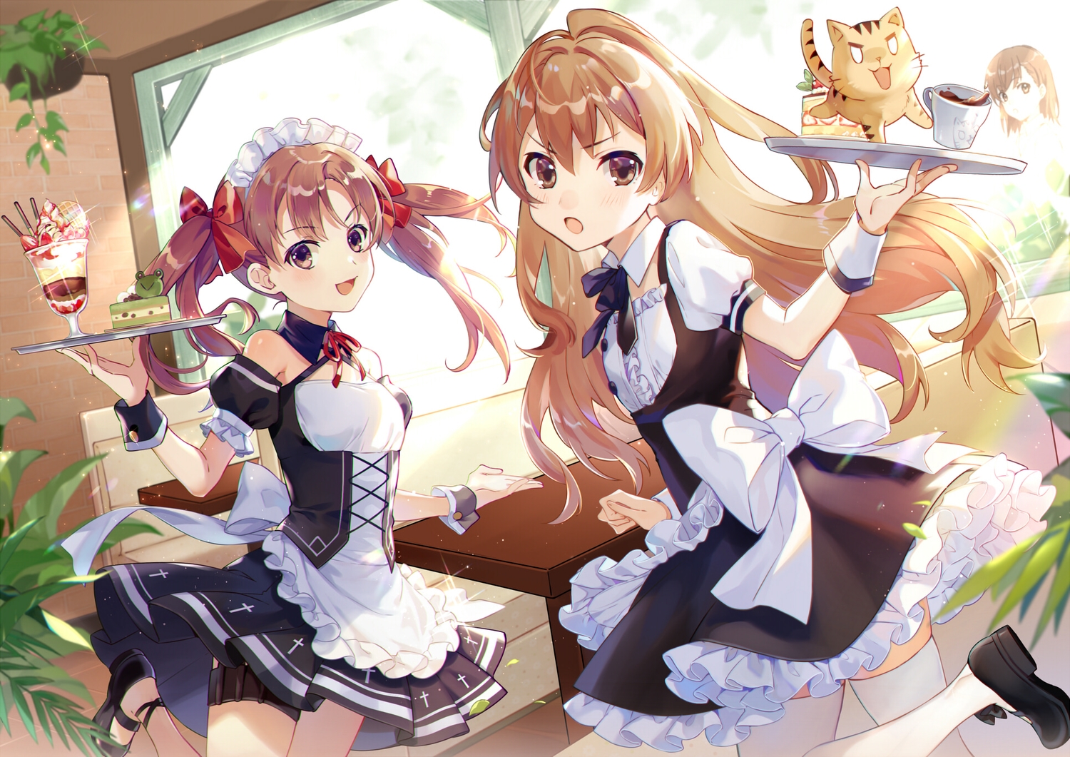 aisaka_taiga, animal, apron, bow, brown_eyes, brown_hair, cake, crossover
