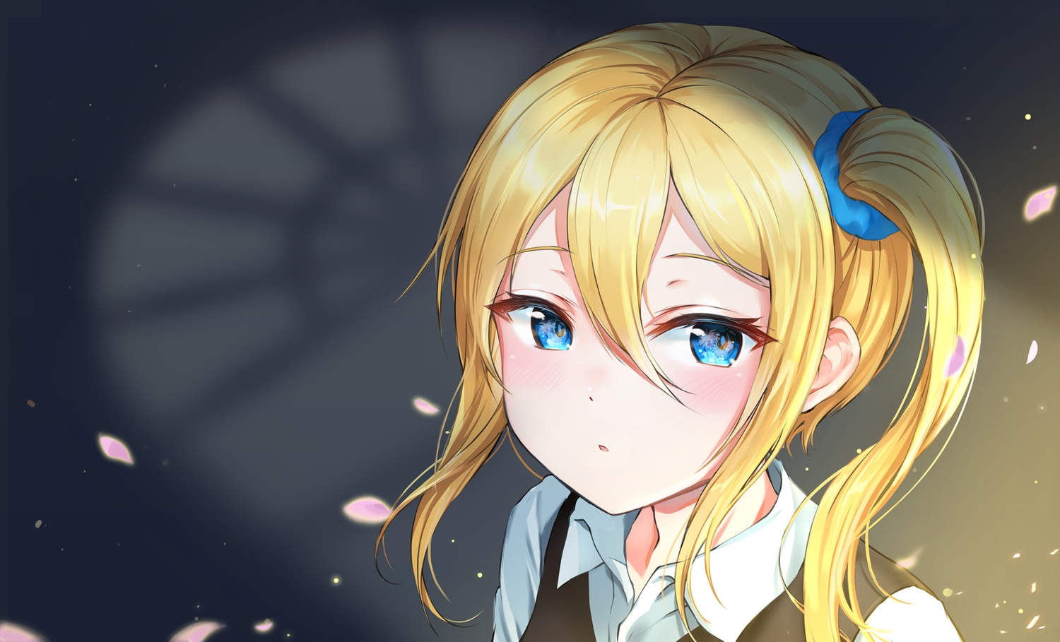 blonde_hair, blue_eyes, blush, close, hayasaka_ai, kaguya-sama_wa_kokurasetai_~tensai-tachi_no_renai_zunousen~, milllim, petals, ponytail, short_hair