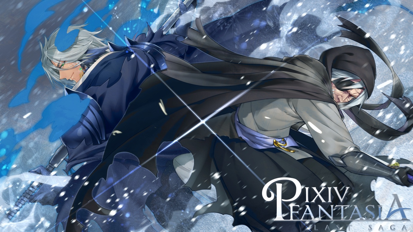 all_male, armor, cape, eyepatch, gray_hair, green_eyes, kuro_mame, male