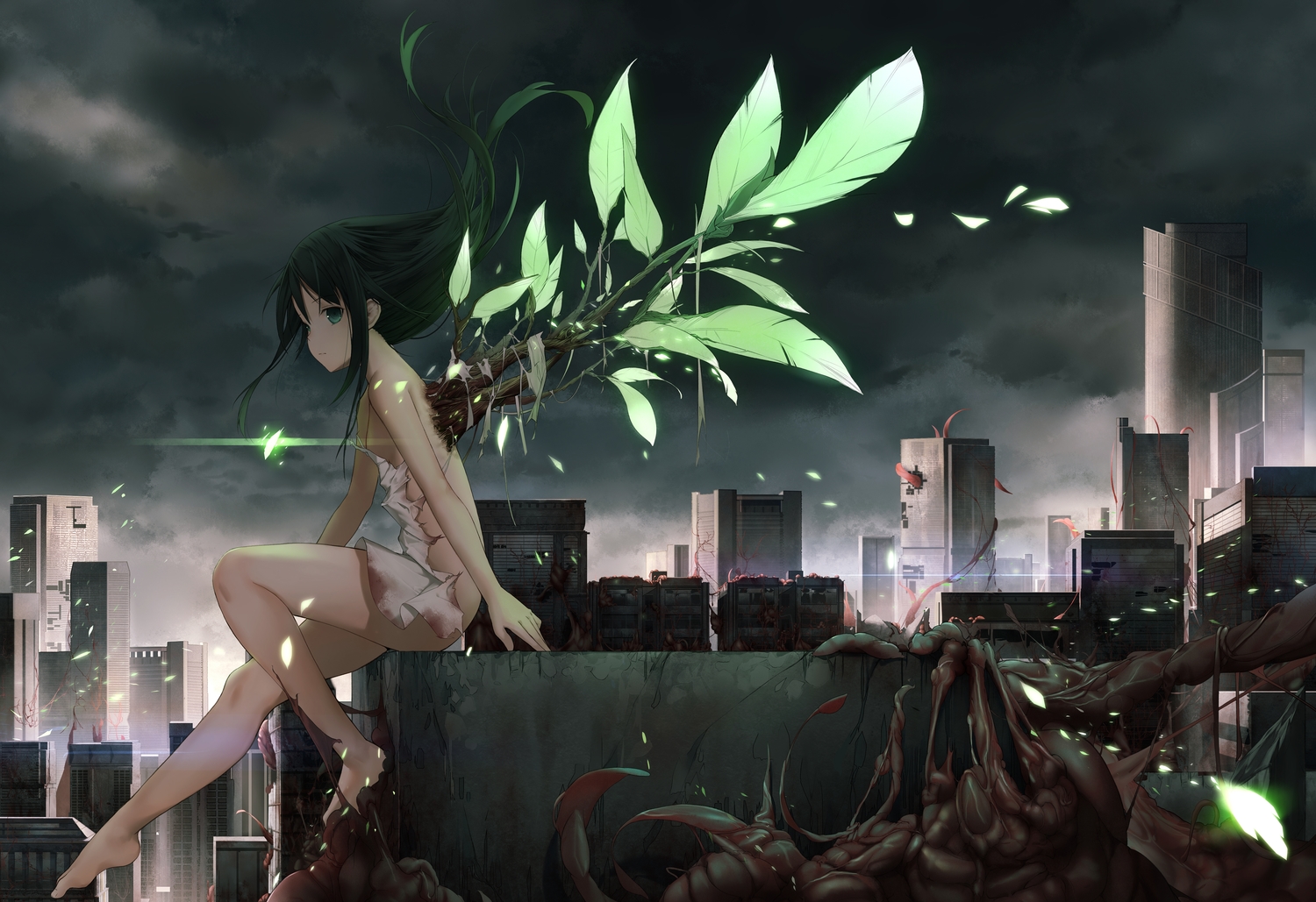barefoot, black_hair, building, cg_(2686805355), city, clouds, dress, green_eyes