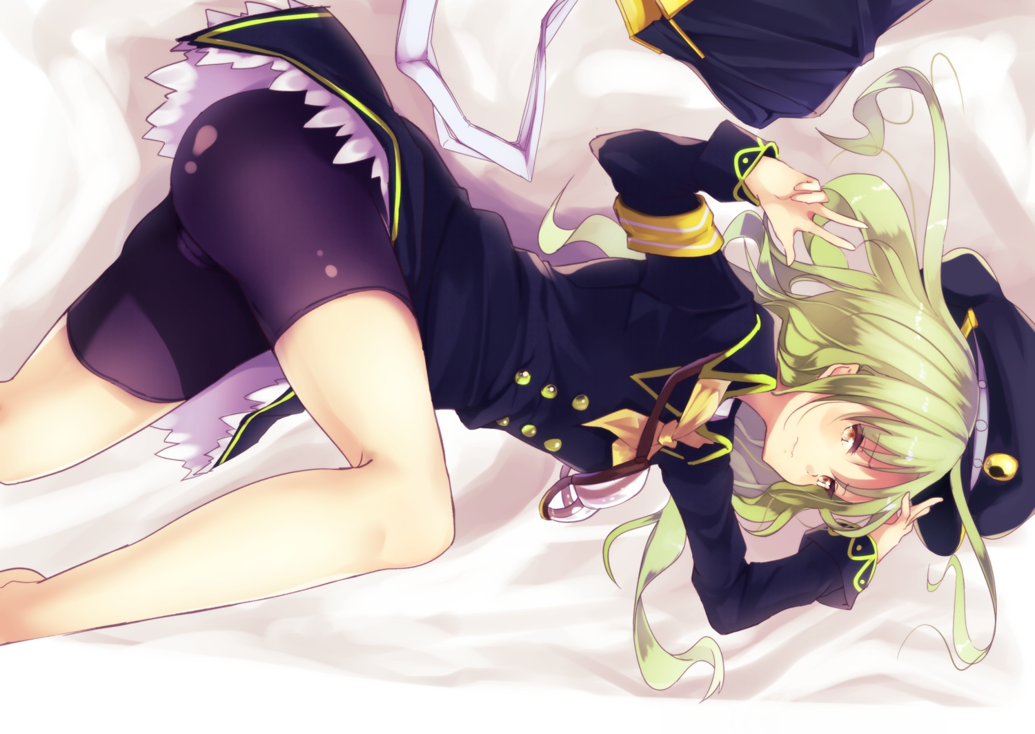 ass, bike_shorts, brown_eyes, cameltoe, gabriel_(monsuto), green_hair, hat, long_hair, monster_strike, pointed_ears, shorts, suwakana